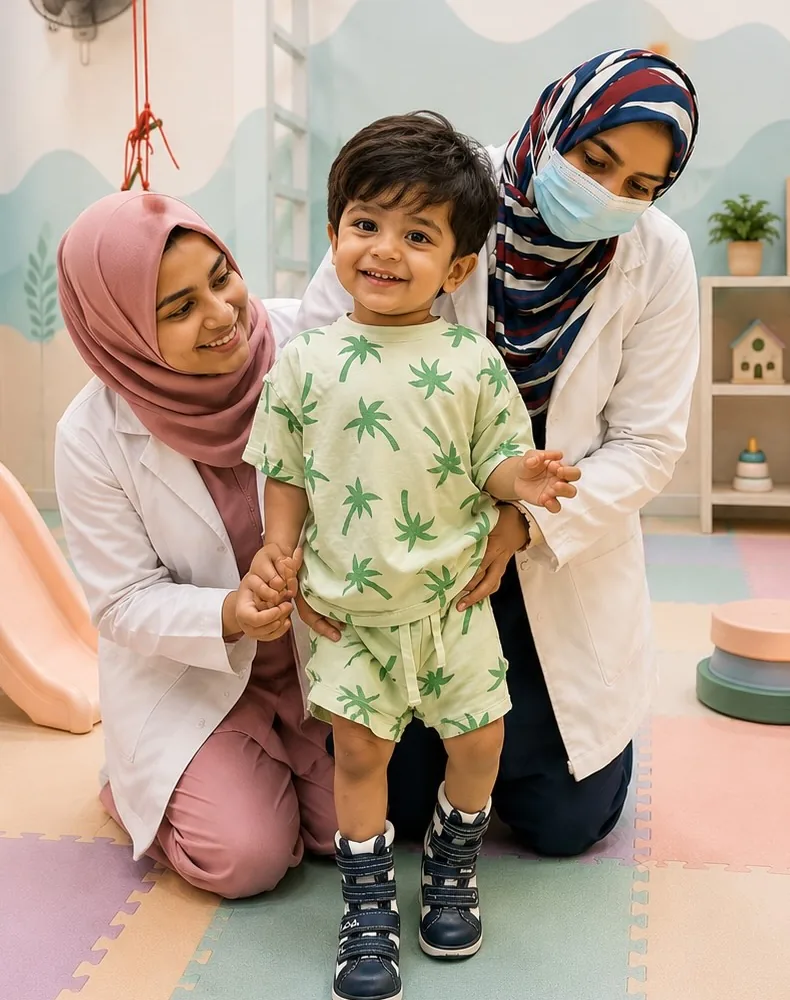 Illustration: two therapists support a smiling toddler as he stands on soft play mats