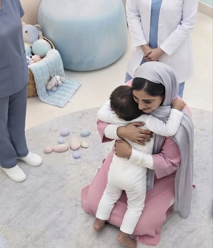 Illustration: a mother kneels and hugs her toddler on a soft rug in a calm therapy room